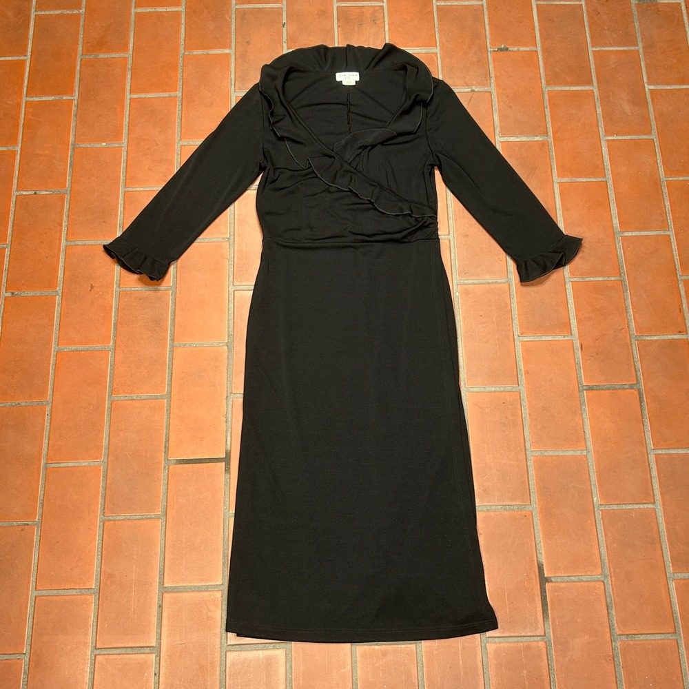 Vtg Studio Soleil USA Dress Black Ruffle Portrait Neck Long Sleeve Y2k Midi M